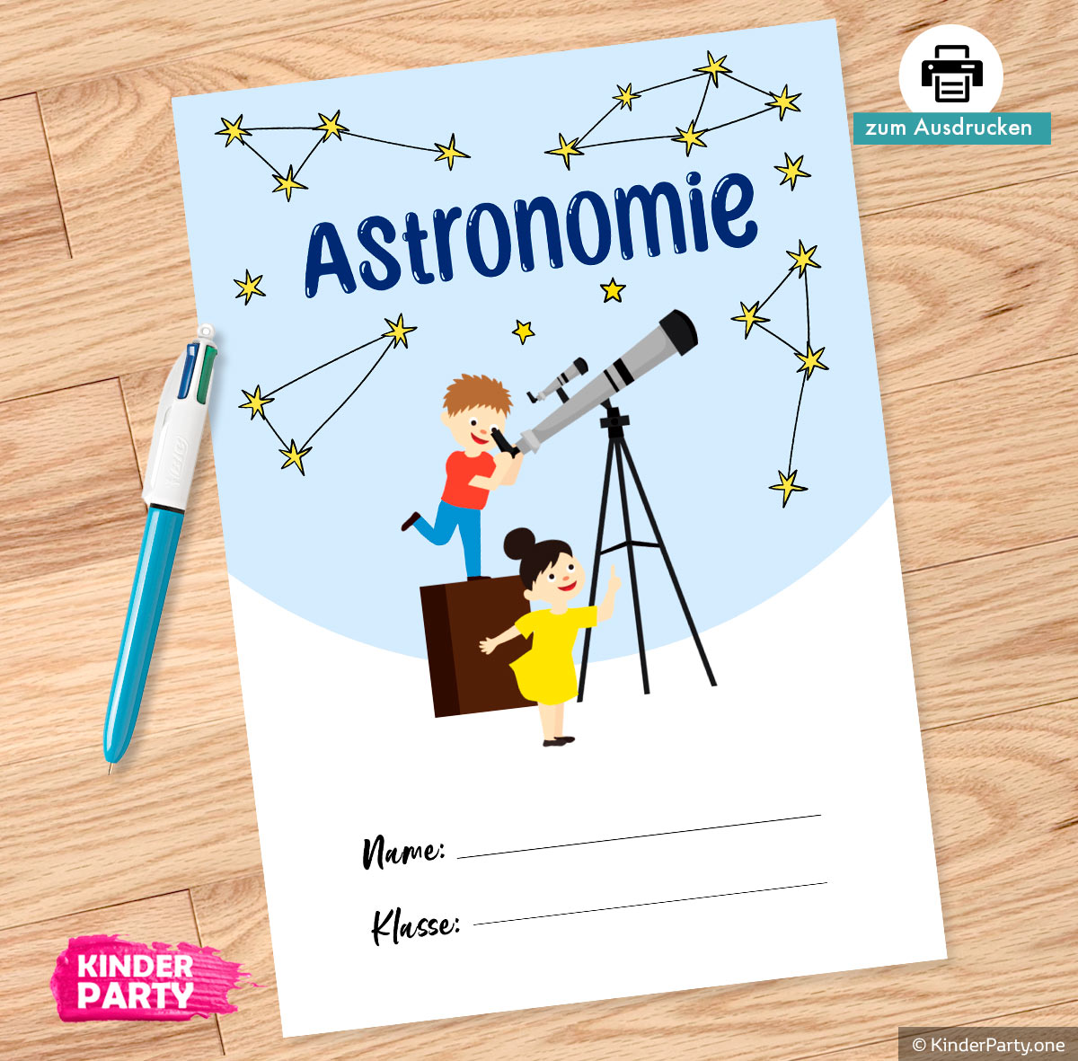 Deckblatt für Grundschule mit Teleskop und Konstellationen gestalten