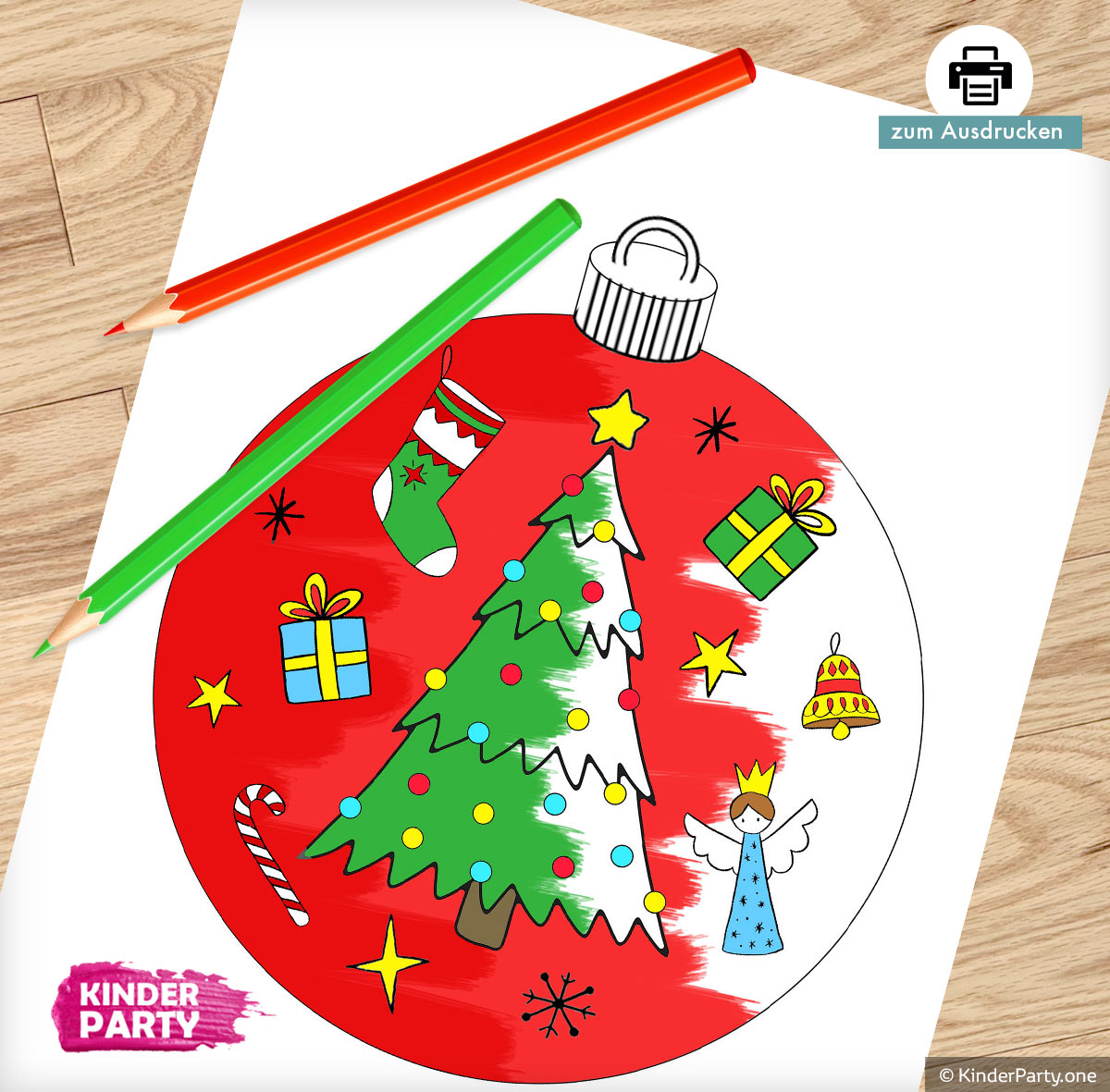 Weihnachtskugel mit Tannenbaum und anderen Feiertagsattributen zum Ausdrucken und Ausmalen für Kinder.